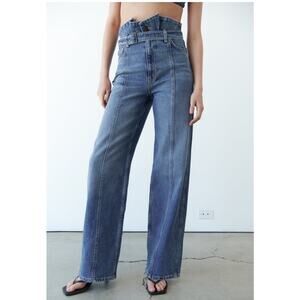 Zara Pleated Paperbag Wide Leg Jeans Size 4 Baggy High Rise Belted Barrel Denim